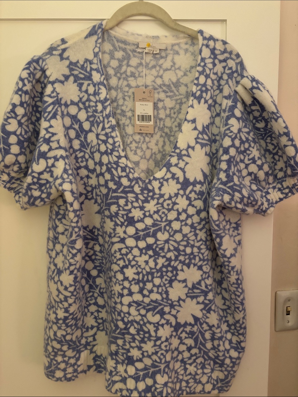Boden Blue and White Floral V-Neck Sweater